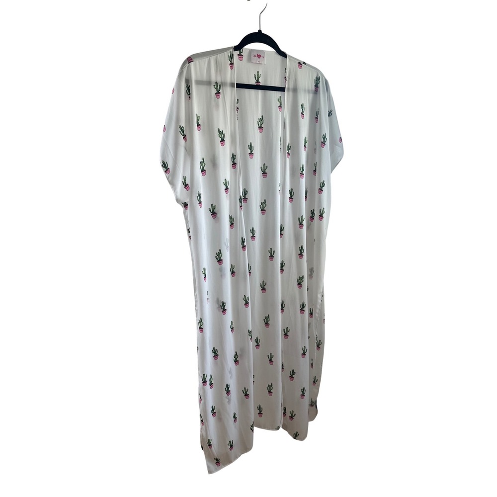 Buddy Love Bamboo-2 White Cactus Print Long Kimono Cover Up S/M
